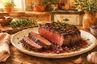 A perfectly reverse-seared thick steak with a golden crust, glazed with red wine shallot butter sauce, on a worn wooden table.