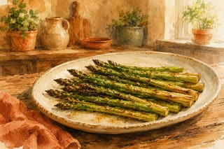 Roasted asparagus spears with golden-brown tips, glistening with olive oil