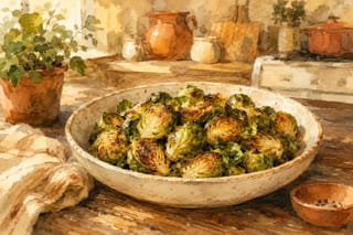 Golden roasted brussels sprouts with crispy, caramelized edges on a wooden table