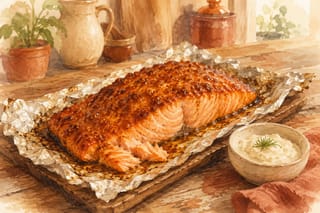 A salmon fillet glazed with caramelized brown sugar on foil, flaky and golden, with a small dish of horseradish sauce on the side