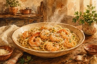 A bowl of shrimp scampi with plump pink shrimp over pasta in buttery garlic sauce, topped with parmesan and parsley