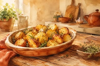 Golden roasted potatoes with dried herbs on a wooden kitchen table.