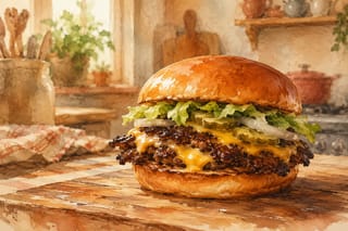 A crispy-edged smash burger with melted American cheese, pickles, and fresh toppings on a toasted brioche bun, served on a weathered wooden table in warm natural light.