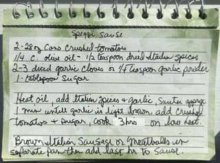 Original hand-written Speggi Sause card