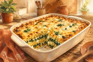 Watercolor illustration of a golden-baked spinach and feta hash brown casserole in a baking dish, one corner served