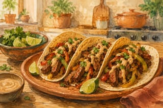 Steak fajita tacos in warm tortillas, filled with seared sirloin strips, charred peppers and onions, drizzled with creamy chipotle-lime sauce and cilantro.