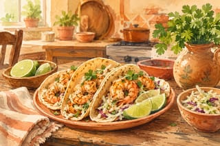 A watercolor painting of tequila lime shrimp tacos with fresh lime and cilantro garnish on a wooden table.