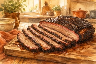 Sliced Texas brisket with spice crust on a wooden table, painted in warm watercolor tones.