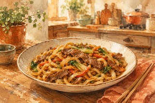 A landscape watercolor illustration of stir-fried udon noodles with beef strips on a wooden table.