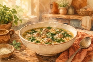 A steaming bowl of Italian wedding soup with tiny meatballs, pasta, and spinach in golden broth